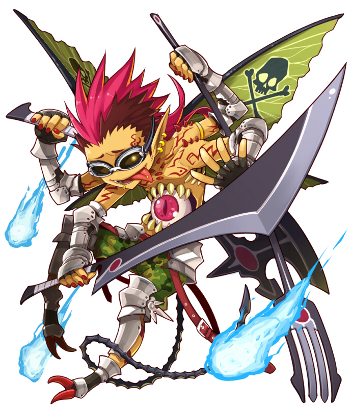 1boy, axe, beelzebub_(mygrimoire), brown_hair, earrings, extra_arms, fingerless_gloves, gloves