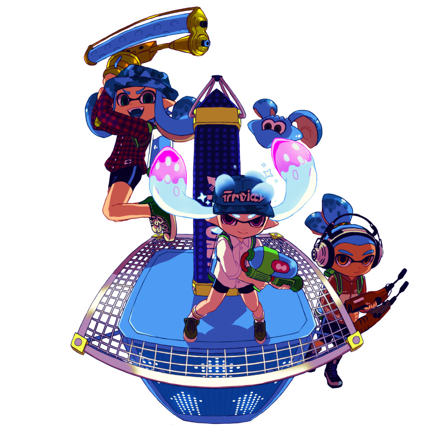 1boy, 2girls, baseball_cap, bike_shorts, blue_hair, boonie_hat, brown_eyes, camouflage, domino_mask, dress_shirt, green_eyes, hat, headphones, highres, holding_weapon, hoodie, inkling, jumping, kanafumi_(spindle), long_hair, looking_at_viewer, mask, multiple_girls, open_mouth, oversized_object, paint_roller, plaid, plaid_shirt, pointy_ears, shirt, shoes, short_hair, single_vertical_stripe, smile, sneakers, socks, splatoon, squid, standing, super_soaker, tentacle_hair, topknot, violet_eyes, white_background, white_shirt