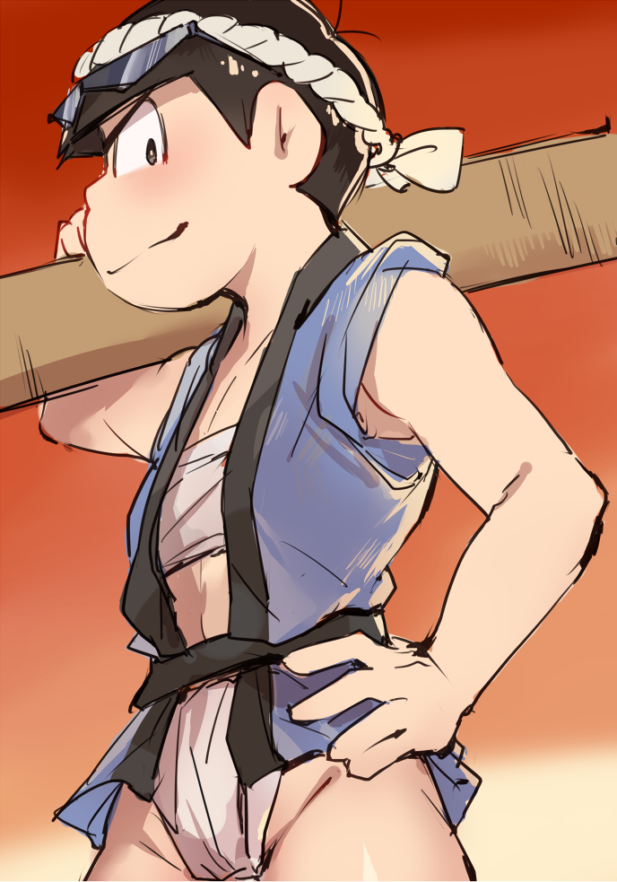 1boy, black_hair, bowl_cut, brown_eyes, carrying_over_shoulder, fundoshi, hachimaki, hand_on_hip