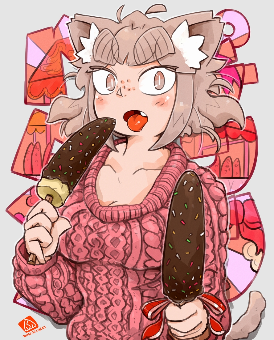 1girl, animal_ears, aran_sweater, blush_stickers, breasts, brown_eyes, brown_hair, cat_ears
