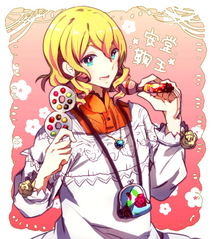 1boy, andou_mario, androgynous, blonde_hair, blue_eyes, blush, character_name, drill_hair