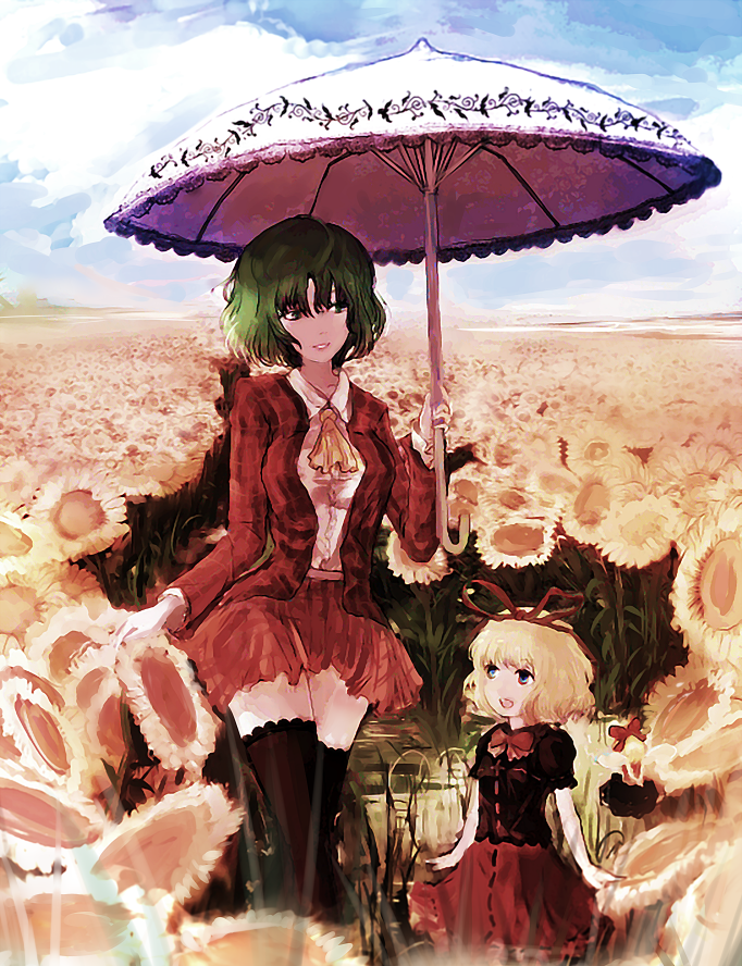 2girls, adapted_costume, black_legwear, blonde_hair, blue_eyes, blue_sky, clouds, dyolf