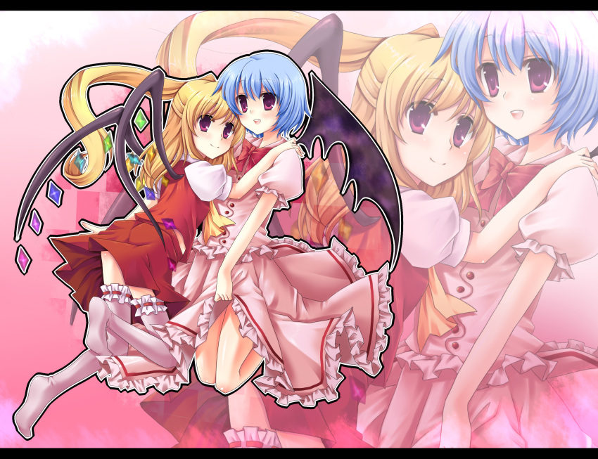 bat_wings, blonde_hair, blue_hair, flandre_scarlet, highres, multiple_girls, ponytail, red_eyes