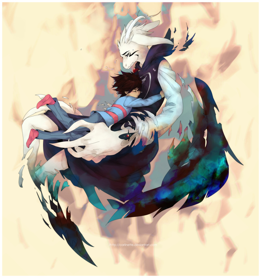 1boy, androgynous, artist_name, asriel_dreemurr, black_sclera, brown_hair, carlinette, cloak, closed_eyes, crying, crying_with_eyes_open, denim, dissolving, facepaint, facial_mark, fangs, frisk_(undertale), full_body, heart, heart_necklace, highres, horns, hug, jeans, jewelry, long_sleeves, monster_boy, necklace, older, pants, red_legwear, robe, shirt, socks, spoilers, striped, striped_shirt, striped_sweater, sweater, tears, undertale, watermark, web_address