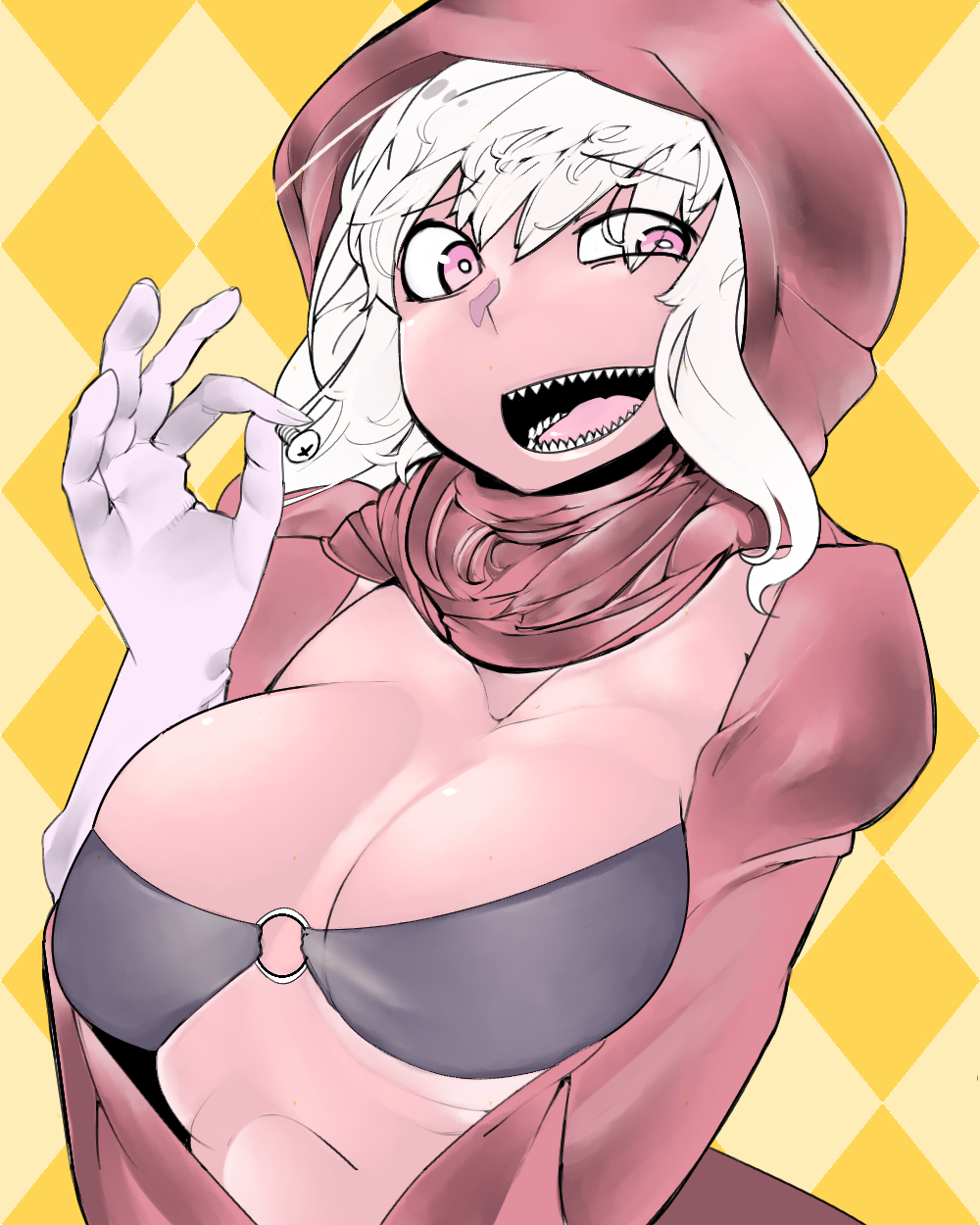 1girl, breast_press, breasts, checkered, checkered_background, cleavage, hand_up, highres