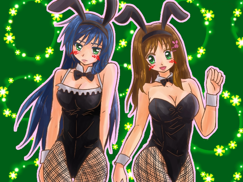 2girls, blue_hair, blush, breasts, brown_hair, bunnysuit, cleavage, green_eyes