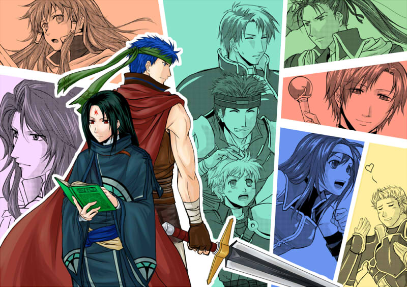 back-to-back, bandana, bare_shoulders, black_hair, blue_eyes, blue_hair, book, boyd