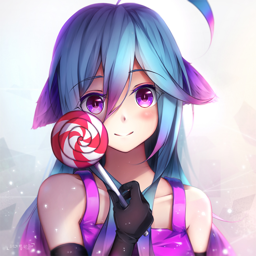 1girl, ahoge, bagus_casbon, bare_shoulders, blue_hair, blush, borrowed_character, candy