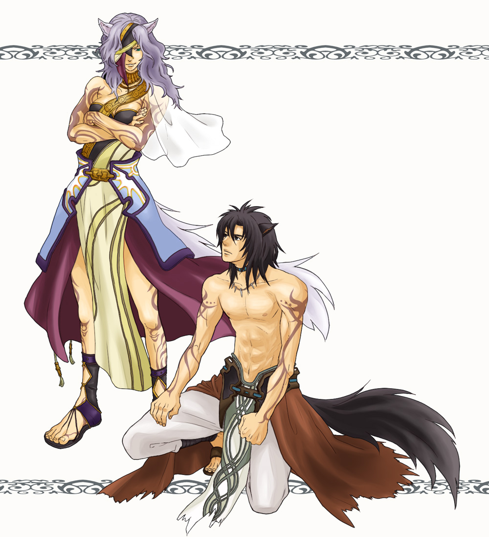 1boy, 1girl, animal_ears, black_eyes, black_hair, blue_eyes, breasts, cleavage