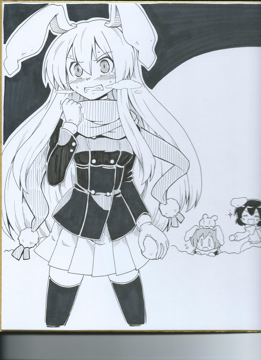 animal_ears, arm_up, bangs, blush_stickers, breasts, bunny_girl, bunny_on_head, clenched_hand