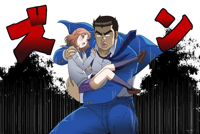1boy, 1girl, black_hair, blush, brown_eyes, brown_hair, carrying, gouda_takeo