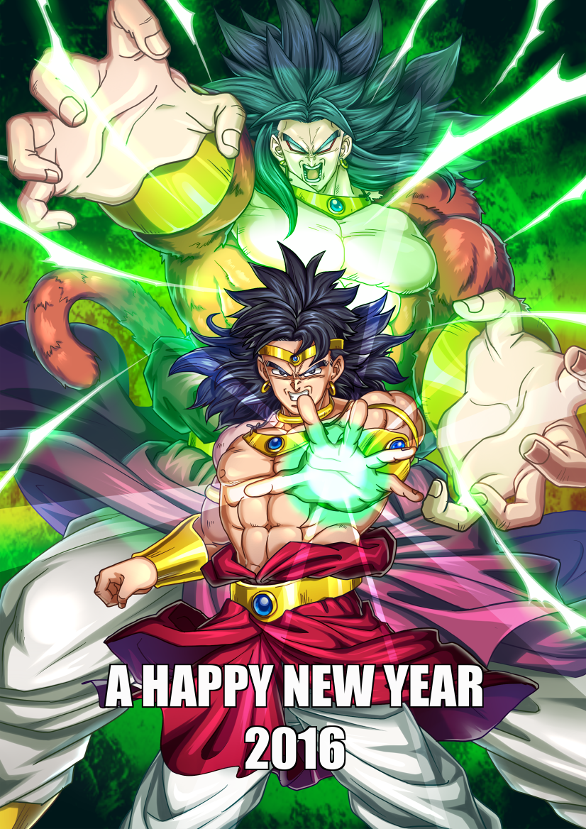 2016, 2boys, abs, aiming_at_viewer, black_eyes, black_hair, broly, circlet