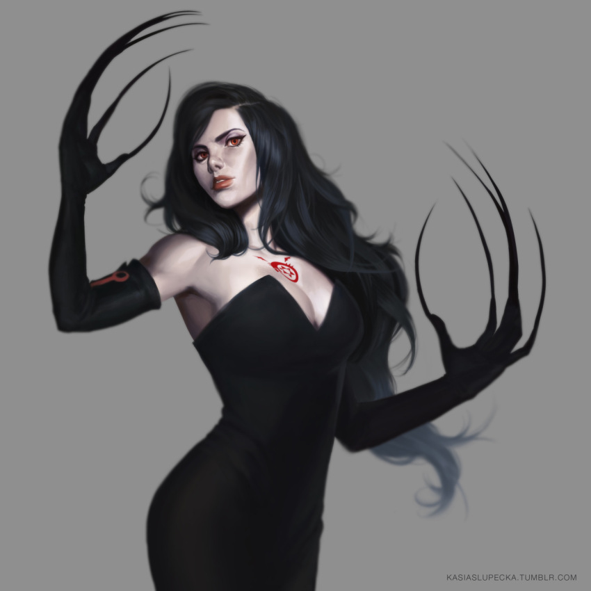 1girl, black_dress, black_hair, dress, elbow_gloves, fingernails, fullmetal_alchemist, gloves