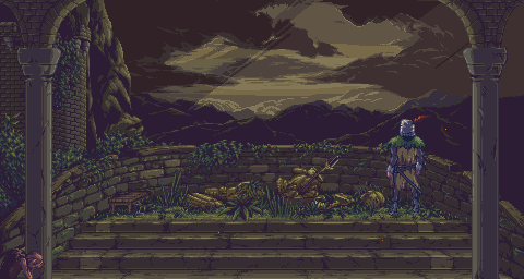 1boy, animated, animated_gif, armor, dark, dark_souls, full_armor, helmet, knight, light_rays, lowres, pixel_art, ruins, sky, solaire_of_astora, souls_(from_software), sunbeam, sunlight, zedotagger