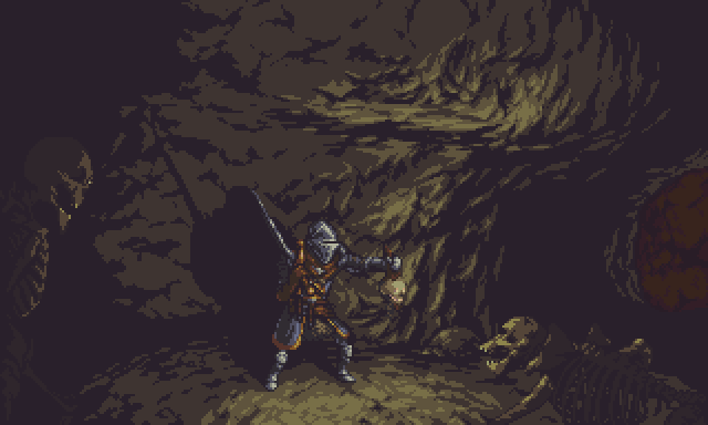 ambiguous_gender, animated, animated_gif, armor, cave, dark, dark_souls, full_armor, gauntlets, helmet, knight, lamp, pixel_art, skeleton, souls_(from_software), sword, weapon, zedotagger