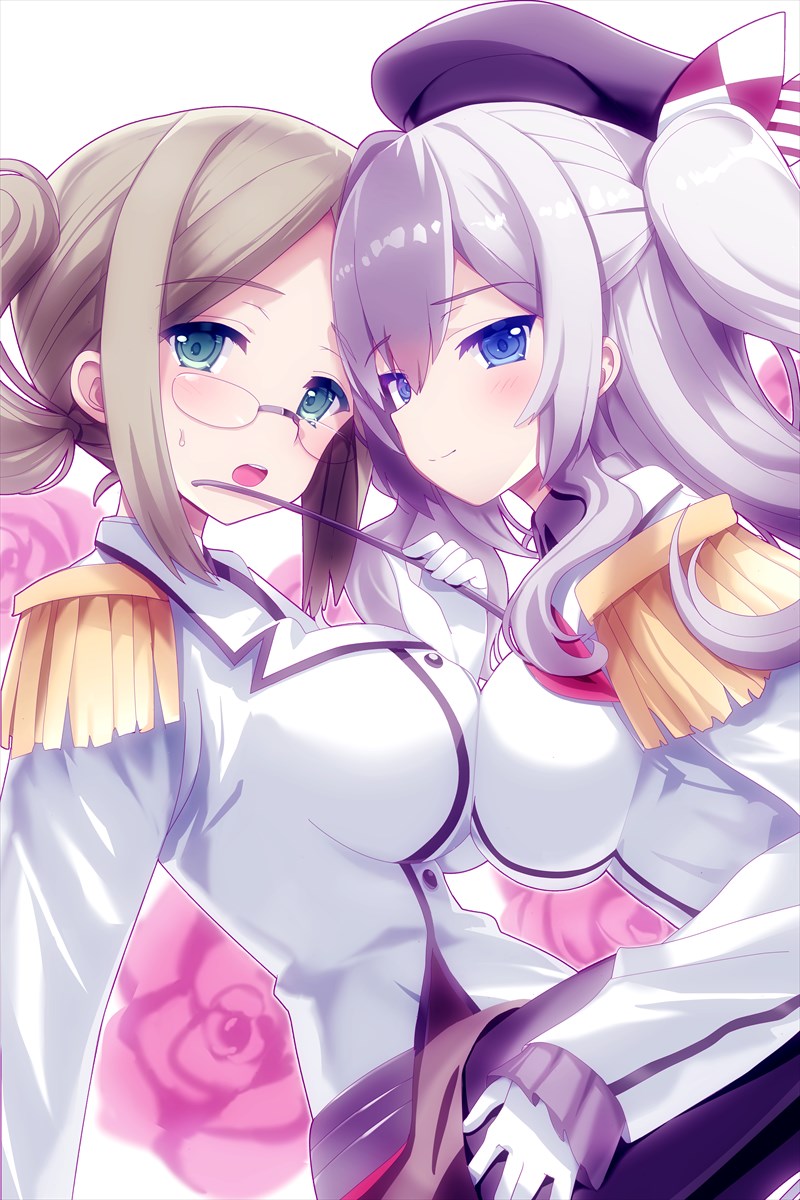 2girls, :o, aqua_eyes, bangs, beret, black_legwear, blonde_hair, blue_eyes
