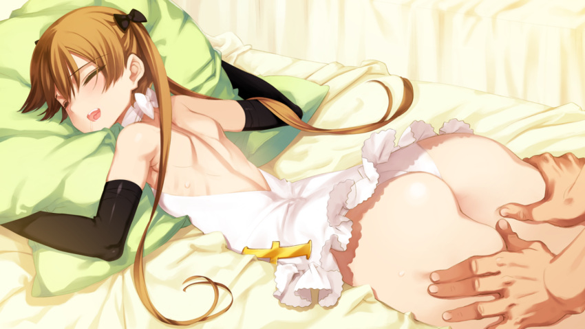 achilles_(eiyuu_senki), bed, closed_eyes, eiyuu_senki, massage, official_art, panties, tagme