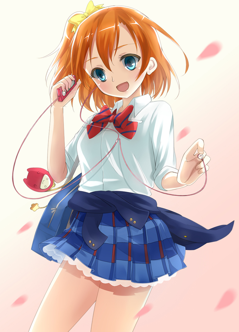 1girl, blue_eyes, bow, brown_hair, digital_media_player, kousaka_honoka, love_live!_school_idol_project, niu