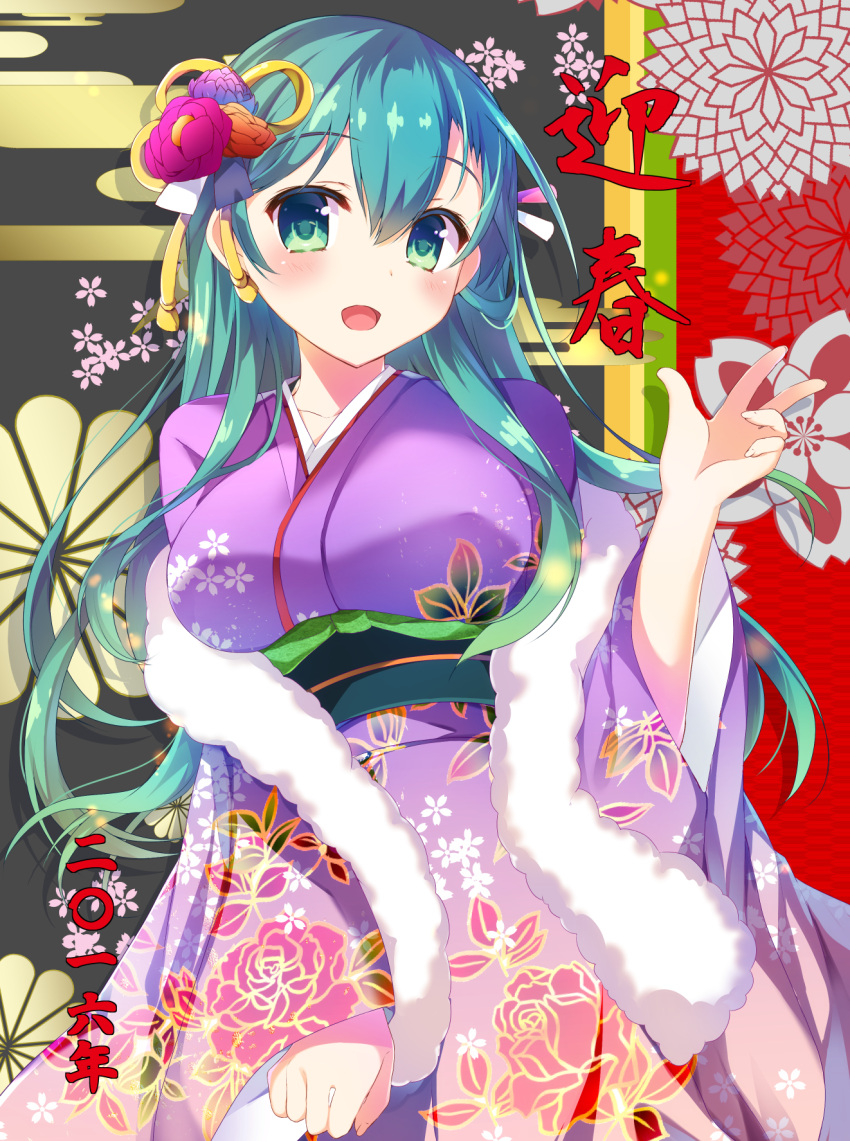 1girl, aqua_eyes, aqua_hair, flower, hair_flower, hair_ornament, highres, japanese_clothes