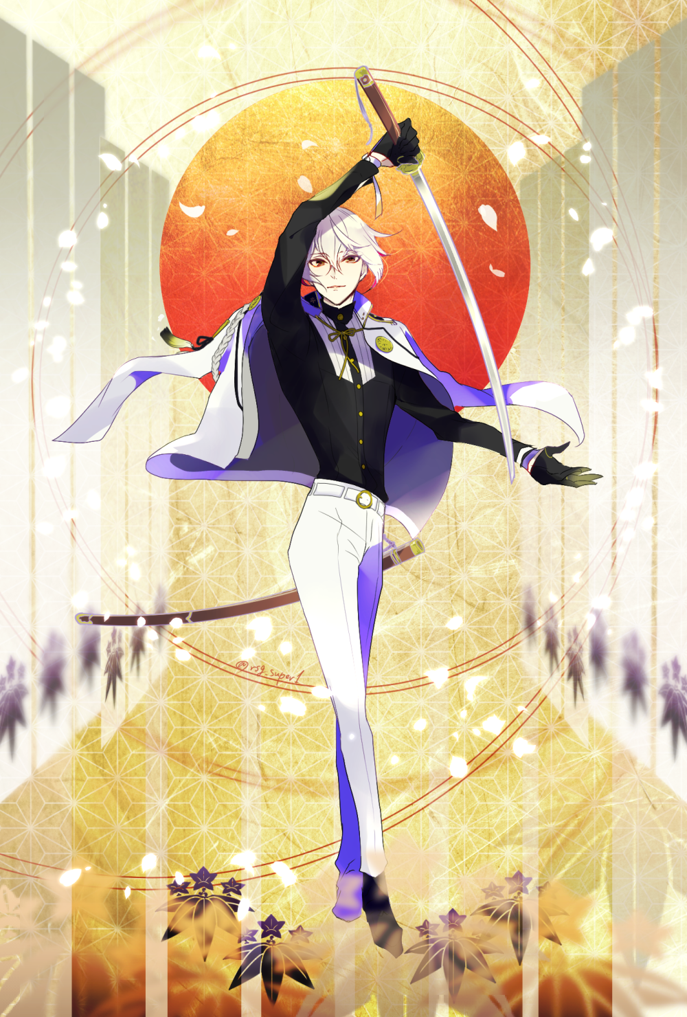 1boy, ayaco_cc, black_gloves, blonde_hair, gloves, higekiri_(touken_ranbu), highres, jacket_on_shoulders