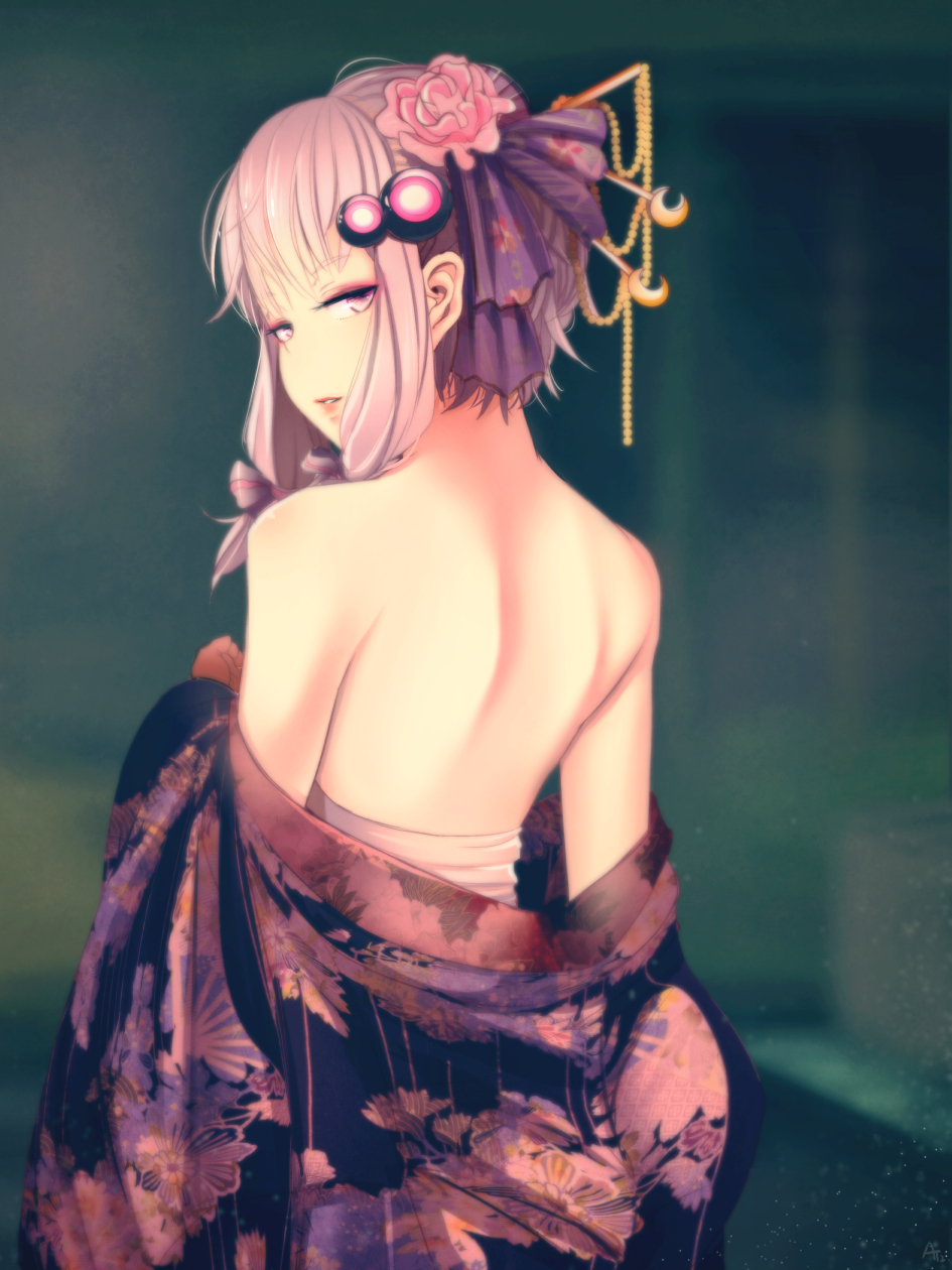 1girl, at2., back, blush, from_behind, hair_ornament, highres, japanese_clothes, kimono, long_hair, looking_at_viewer, looking_back, off_shoulder, oiran, open_mouth, purple_hair, solo, twintails, undressing, violet_eyes, vocaloid, voiceroid, yuzuki_yukari