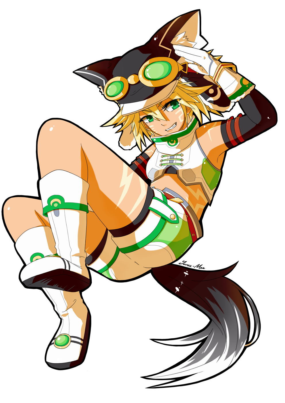 1girl, animal_ears, artist_name, blonde_hair, cc_(choujigen_game_neptune), crop_top, gloves, goggles