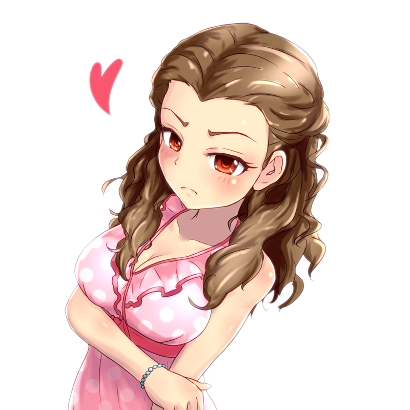 1girl, blush, breasts, brown_hair, cleavage, curly_hair, forehead, heart, idolmaster, idolmaster_cinderella_girls, long_hair, red_eyes, seki_hiromi, simple_background, solo, teirettei