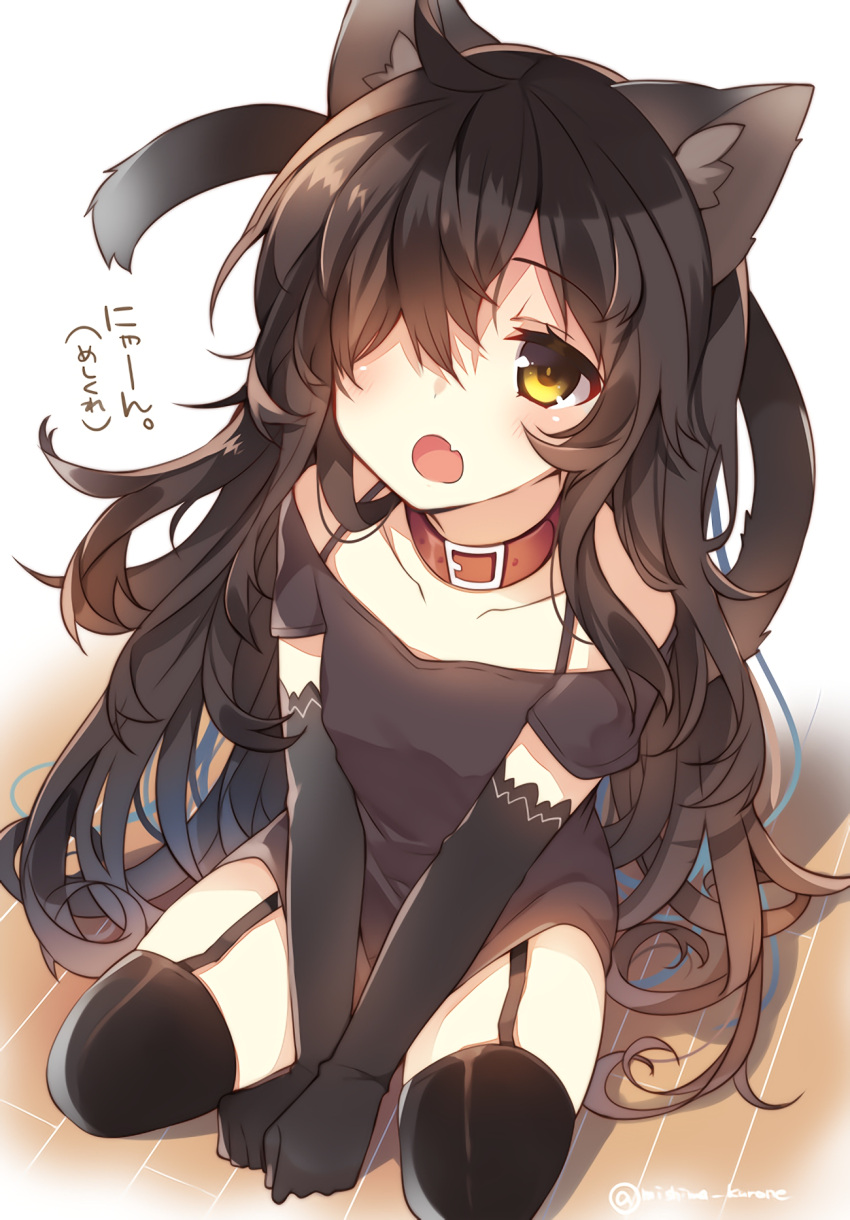 1girl, :o, animal_ears, bare_shoulders, black_hair, cat_ears, cat_girl, cat_tail