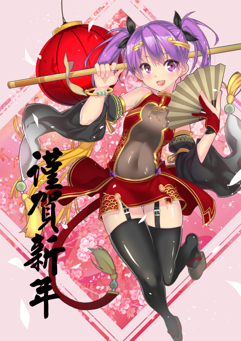 1girl, aisha_(elsword), black_legwear, bracelet, circlet, detached_sleeves, elsword, fan, floral_background, fujidouyuu, full_body, gloves, jewelry, looking_at_viewer, new_year, partly_fingerless_gloves, pink_background, purple_hair, red_gloves, red_skirt, sandals, short_hair, single_glove, skirt, smile, solo, staff, thigh-highs, thigh_strap, twintails, violet_eyes