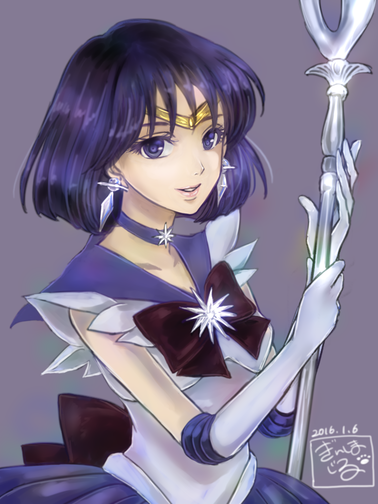 1girl, 2016, bishoujo_senshi_sailor_moon, black_hair, bow, brooch, brown_bow, choker, cowboy_shot, dated, earrings, elbow_gloves, ginshima_jill, gloves, jewelry, looking_at_viewer, magical_girl, purple, purple_background, purple_skirt, sailor_collar, sailor_saturn, short_hair, signature, silence_glaive, skirt, smile, solo, staff, tiara, tomoe_hotaru, violet_eyes, white_gloves