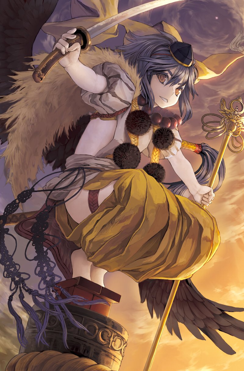 genderswap, geta, hat, highres, katana, kurama_tengu, masakichi, moe_moe_youkai_jiten_zero, monster_girl, short_hair, sky, solo, star_(sky), sword, tengu, tengu-geta, tokin_hat, weapon, wings