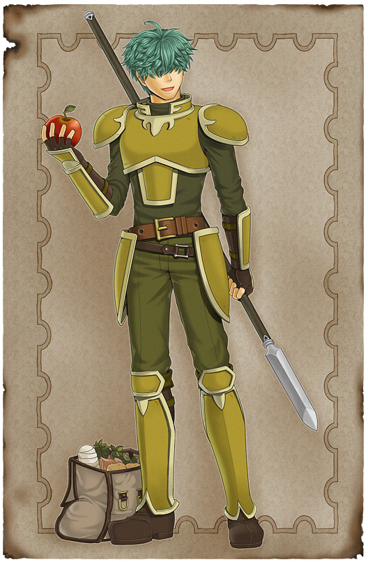 1boy, apple, aqua_hair, armor, armored_boots, fingerless_gloves, fire_emblem, fire_emblem:_rekka_no_ken