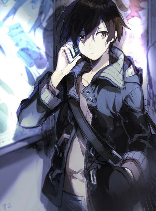 1boy, akira_hou, bag, black_hair, brown_eyes, cellphone, hair_between_eyes, hand_in_pocket