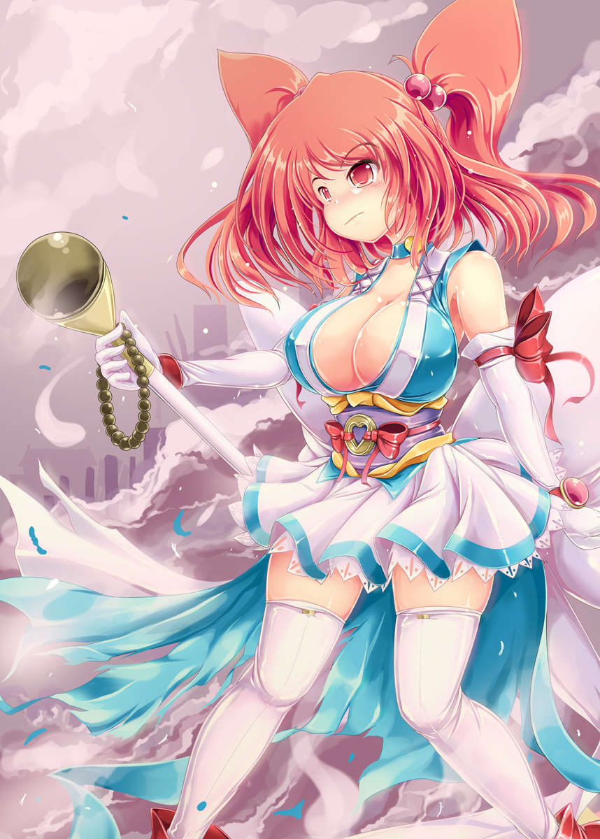 1girl, adapted_costume, breasts, cleavage, death_angel_komachi, hair_bobbles, hair_ornament, highres