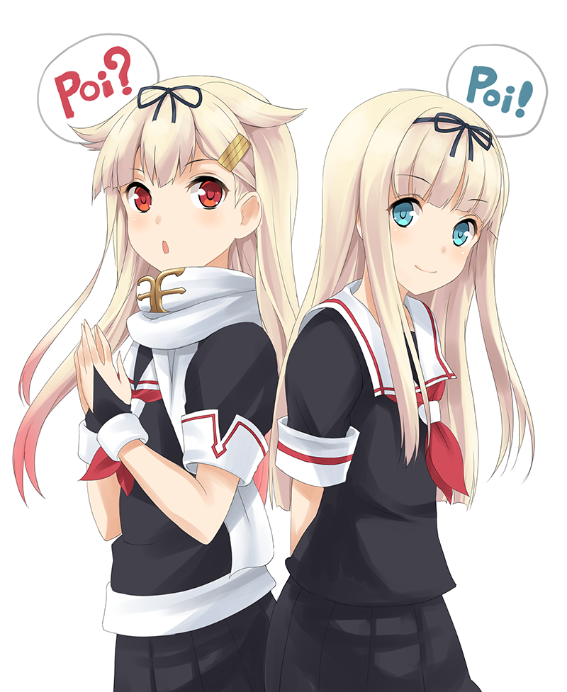 2girls, aqua_eyes, arms_behind_back, black_serafuku, blonde_hair, bow, dual_persona, fingerless_gloves