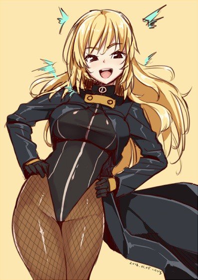 1girl, :d, black_canary, blonde_hair, brown_eyes, coat, dated, dc_comics, fishnet_pantyhose, fishnets, gin_(ginshari), hands_on_hips, leotard, long_hair, looking_at_viewer, open_mouth, pantyhose, simple_background, smile, solo, teeth, tongue, yellow_background