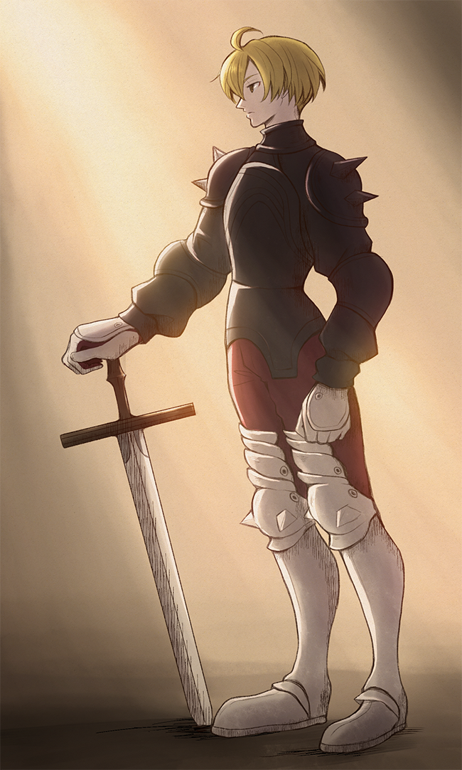 1boy, ahoge, armor, blonde_hair, boots, final_fantasy, final_fantasy_tactics, gloves