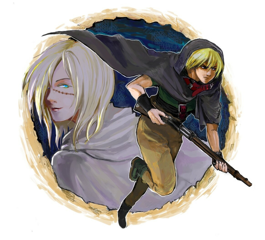 blue_eyes, cape, clive_(suikoden), elza, gensou_suikoden, gensou_suikoden_ii, gun, hood