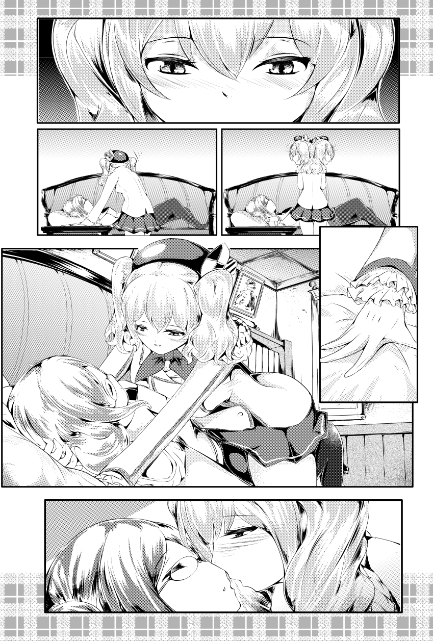 all_fours, blush, comic, couch, folded_ponytail, highres, incipient_kiss, kantai_collection