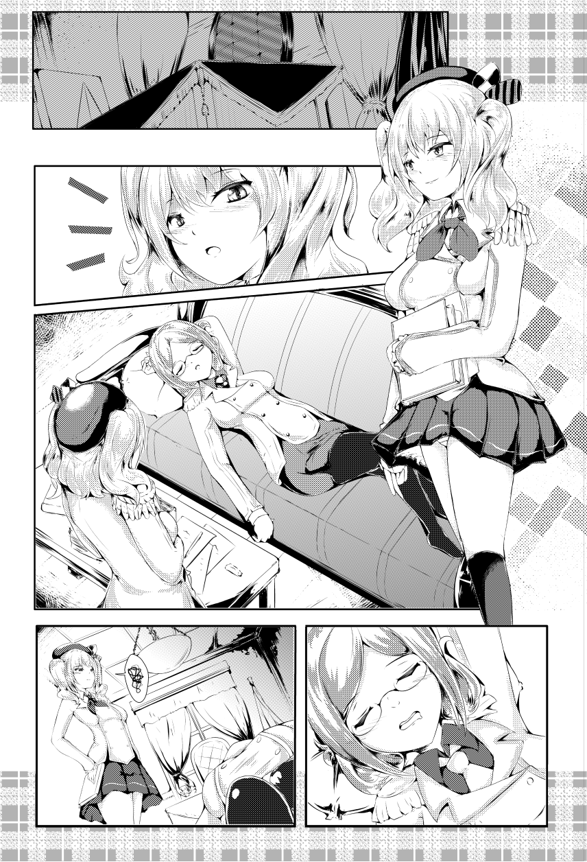 2girls, breast_hold, comic, commentary_request, couch, desk, drooling, folded_ponytail
