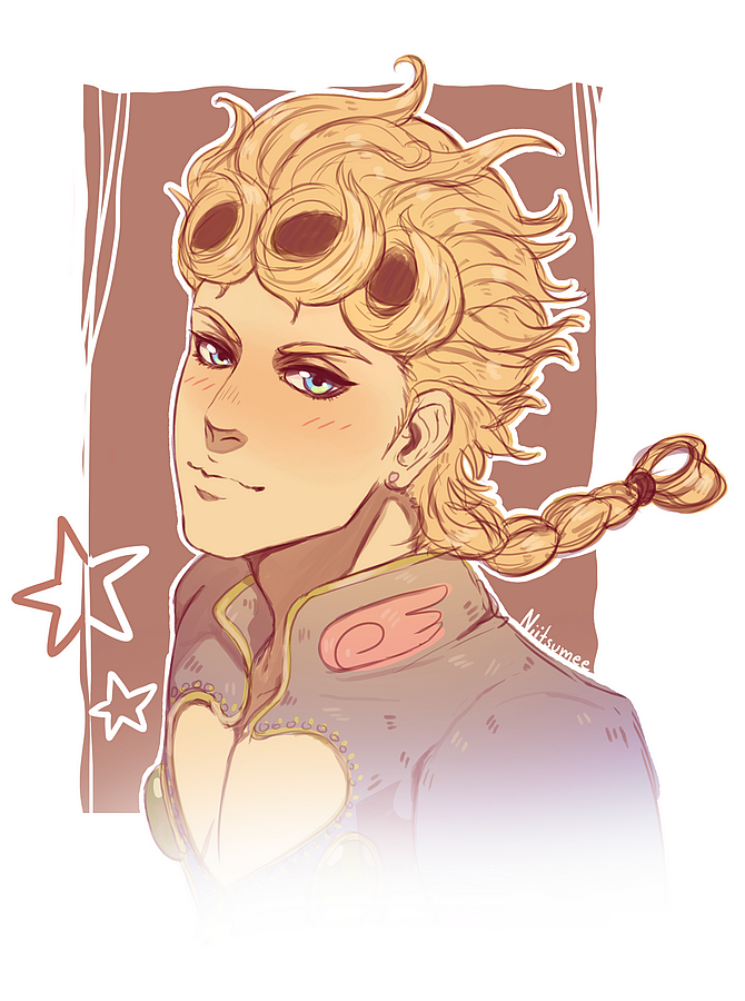 1boy, artist_name, blonde_hair, blue_eyes, braid, earrings, giorno_giovanna, jewelry, jojo_no_kimyou_na_bouken, male_focus, niitsumee, outline, signature, solo, star, upper_body