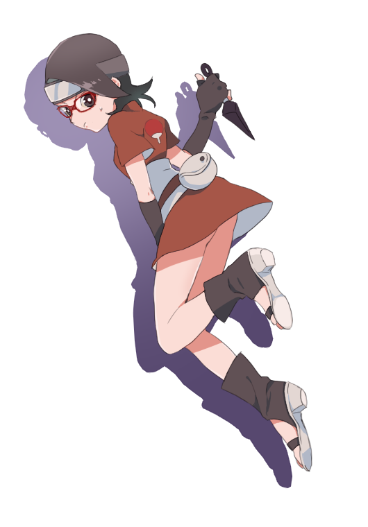 1girl, aneueo, black_hair, fingerless_gloves, forehead_protector, glasses, gloves, kunai, naruto, red-framed_glasses, short_hair, solo, uchiha_sarada, weapon