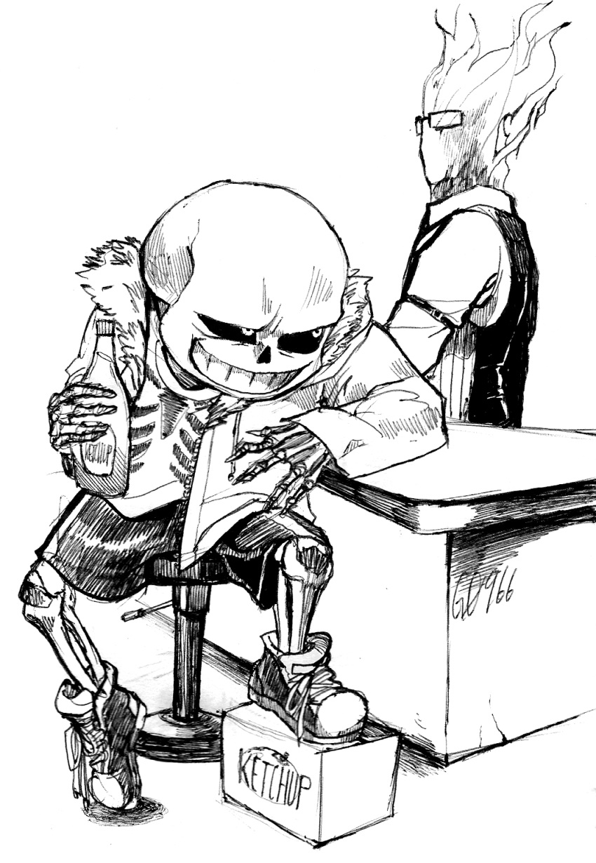 2boys, arm_support, artist_name, bone, collared_shirt, english, flame, full_body