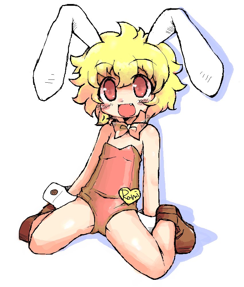 1girl, :d, animal_ears, bare_shoulders, blonde_hair, blush, bowtie, bunnysuit