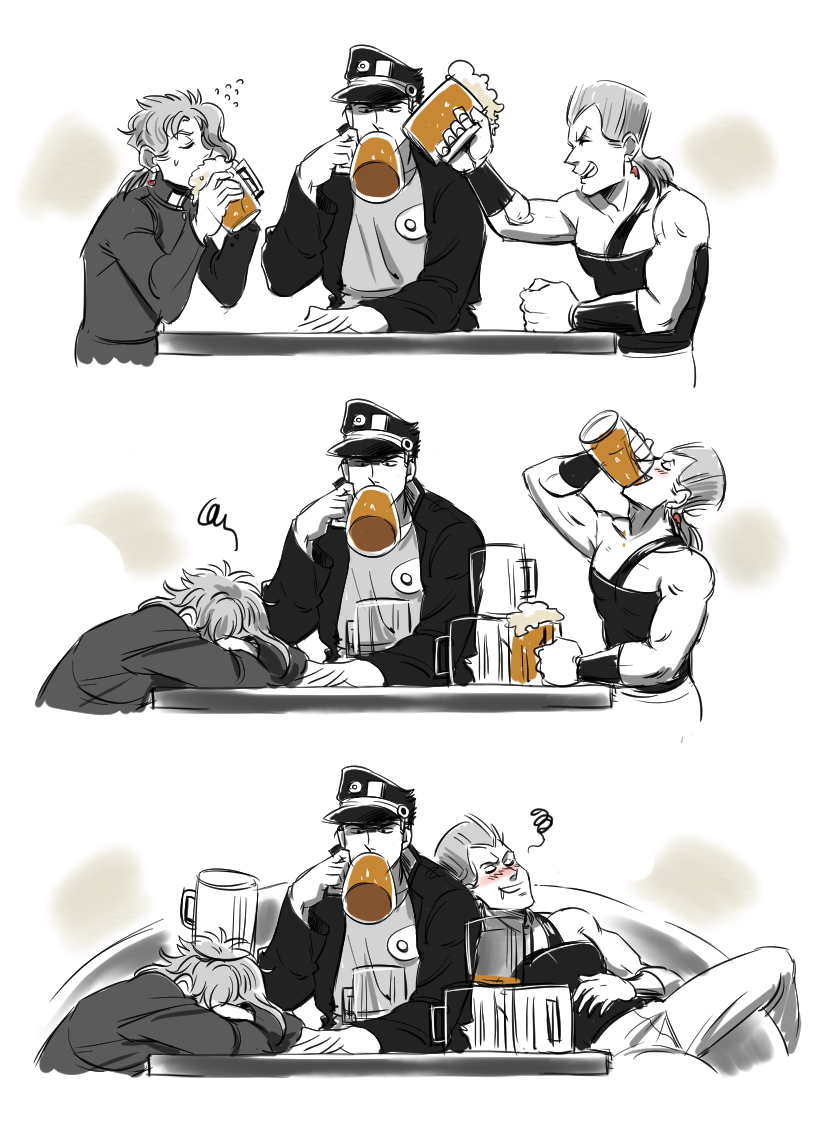 3boys, 3koma, alcohol, beer, beer_mug, blush, comic, cup, drinking, drooling, drunk, earrings, gakuran, grin, hat, jean_pierre_polnareff, jewelry, jojo_no_kimyou_na_bouken, kakyouin_noriaki, kuujou_joutarou, male_focus, morphin_e, mug, multiple_boys, school_uniform, smile, squiggle, sweatdrop, table, wristband