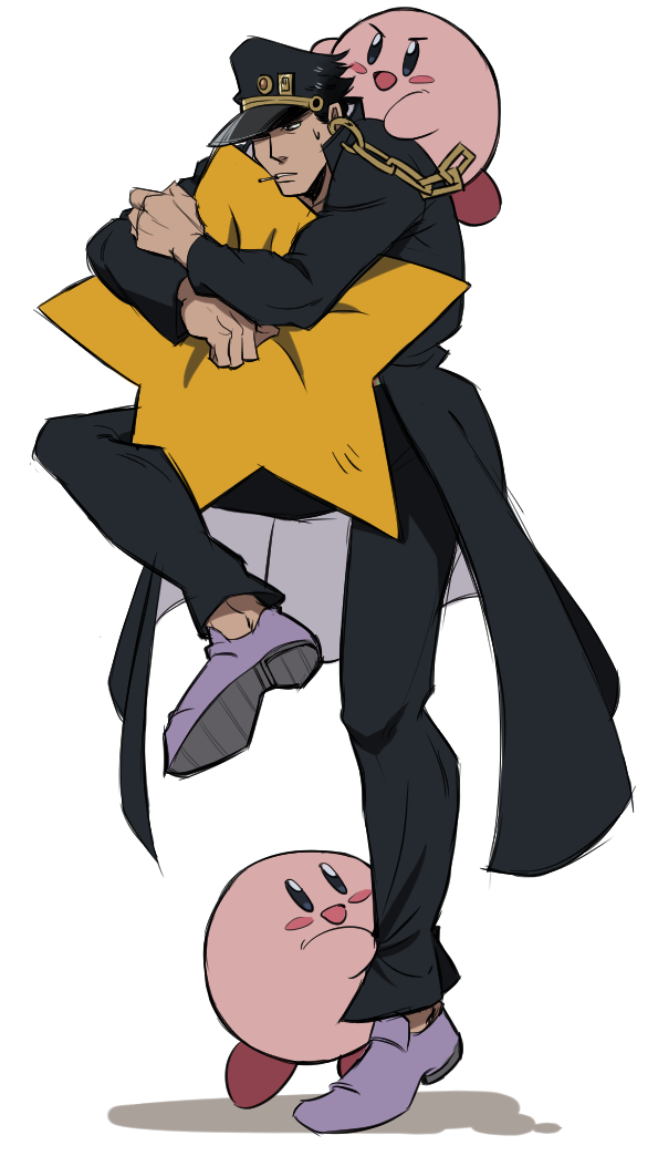 3boys, black_hair, chain, cigarette, crossover, hat, jojo_no_kimyou_na_bouken, kirby, kirby_(series), kuujou_joutarou, long_coat, male_focus, morphin_e, multiple_boys, shadow, standing_on_one_leg, star_pillow, sweatdrop