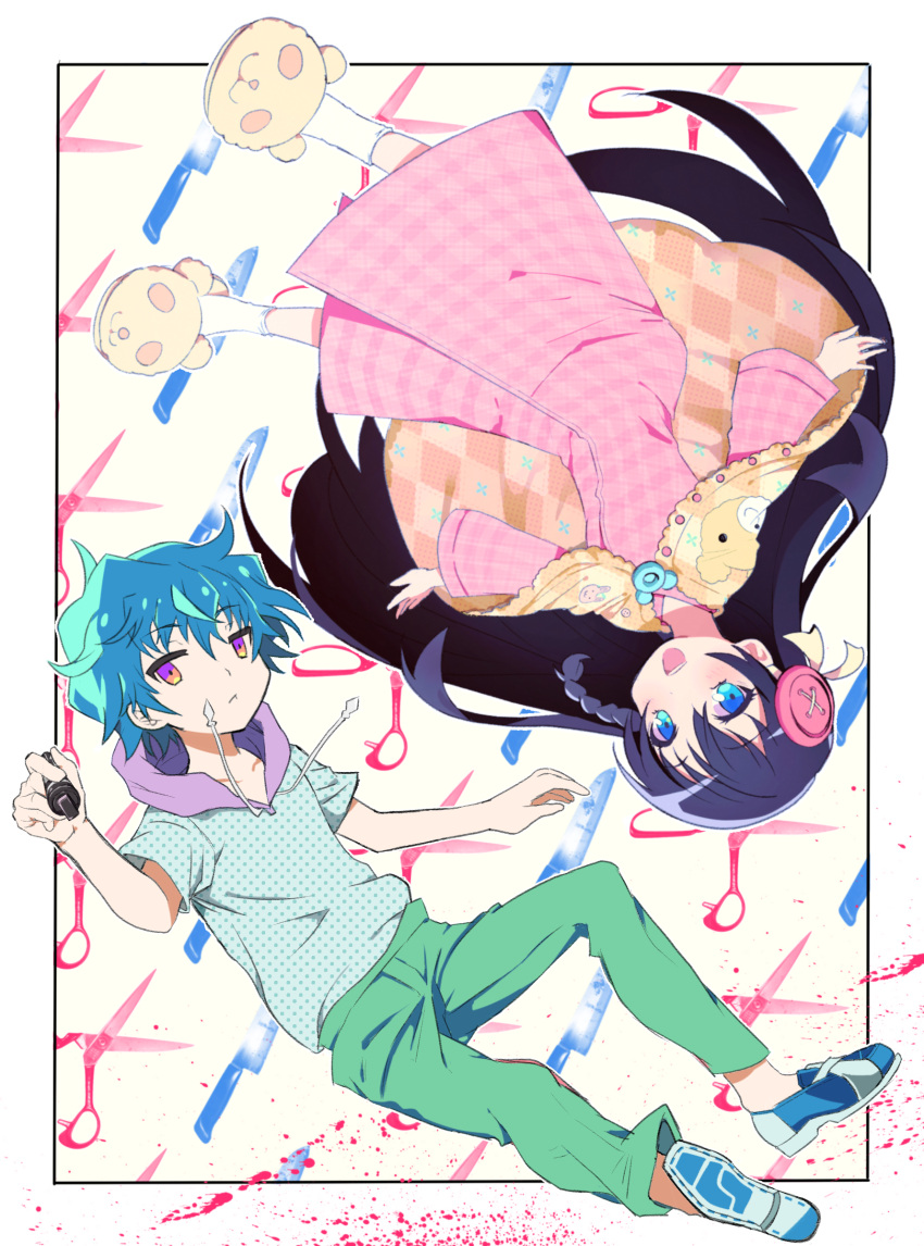 1boy, 1girl, absurdres, animal_slippers, black_hair, blue_eyes, blue_hair, highres