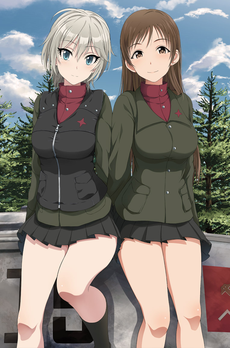 2girls, anastasia_(idolmaster), blue_eyes, breasts, brown_eyes, brown_hair, girls_und_panzer, idolmaster