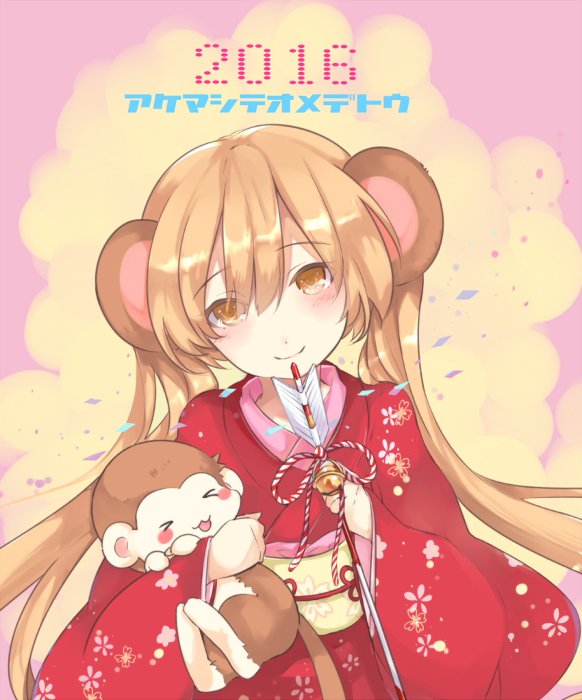 >_<, 1girl, akeome, animal, animal_ears, arrow, bangs, bell