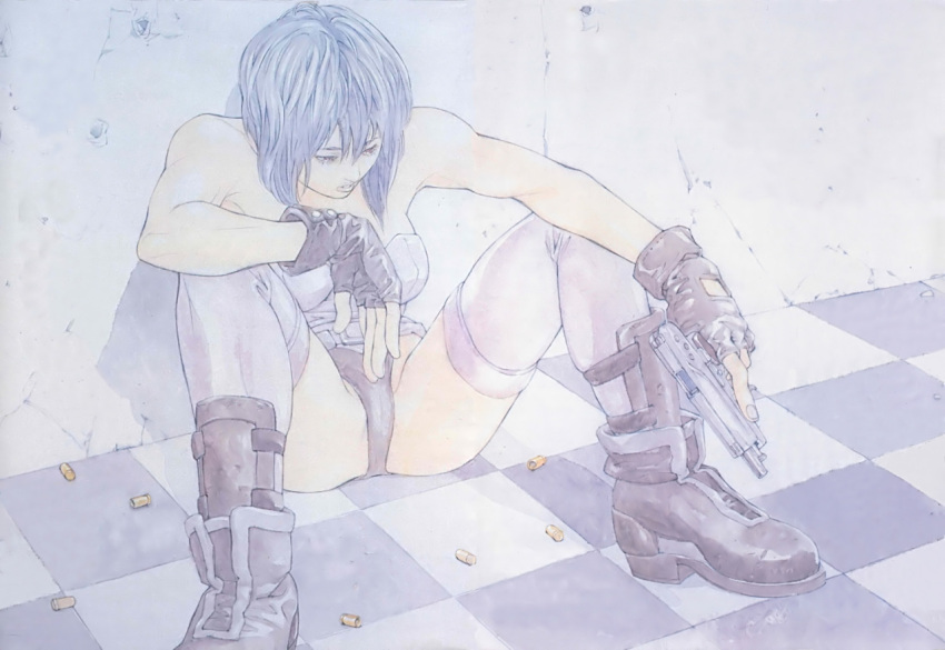 1girl, bare_shoulders, boots, breasts, bullet, bullet_hole, fingerless_gloves, ghost_in_the_shell